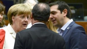 Greek Prime Minister Alexis Tsipras speaks with German Chancellor Angela Merkel (L) and French President Francois Hollande at a euro zone leaders summit in Brussels, Belgium, July 12, 2015. Euro zone leaders will fight to the finish to keep near-bankrupt Greece in the euro zone on Sunday after the European Union's chairman cancelled a planned summit of all 28 EU leaders that would have been needed in case of a "Grexit". REUTERS/Stringer/Pool - RTX1K30N
